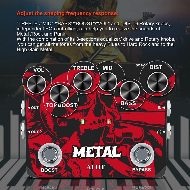 AFOT Heavy Metal Distortion Guitar Pedal, Realize the Sounds of Metal, Rock and Punk, Muff Top Boost Distortion Guitar Effect Pedal with 80s or 90s Metal Sounds and Earphone Useable Output Ture Bypass - Image 3